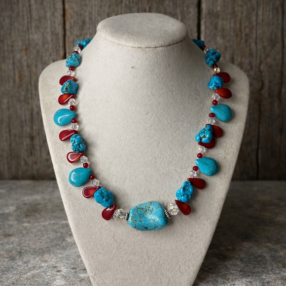 Artisan Real Diehl Jewelry Turquoise & Red Beaded Necklace | 18” - Picture 3 of 7